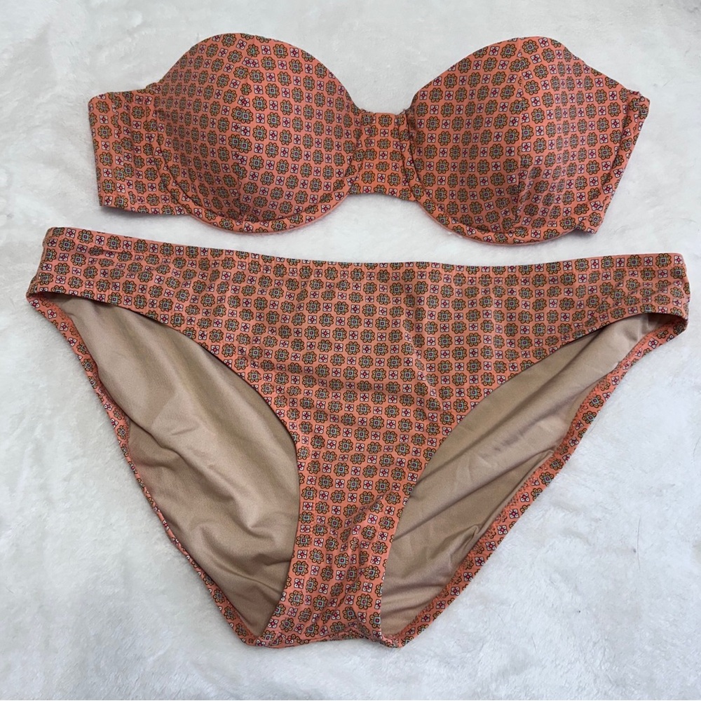 J.Crew Peach Floral Geometric Underwire Bikini Set 34C L Retro Strapless Summer